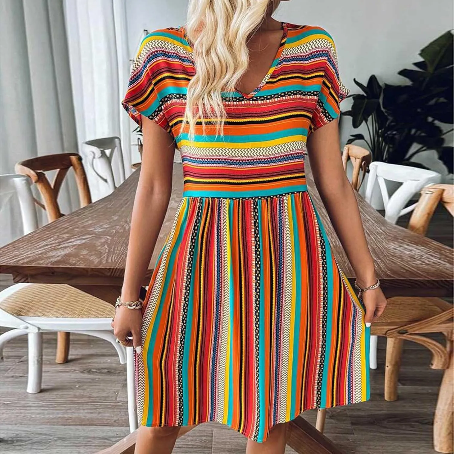 Women Casual Spring Summer Dresses V Neck Short Sleeve Vintage Striped Floral Boho Babydoll Swing Mini Beach Dress