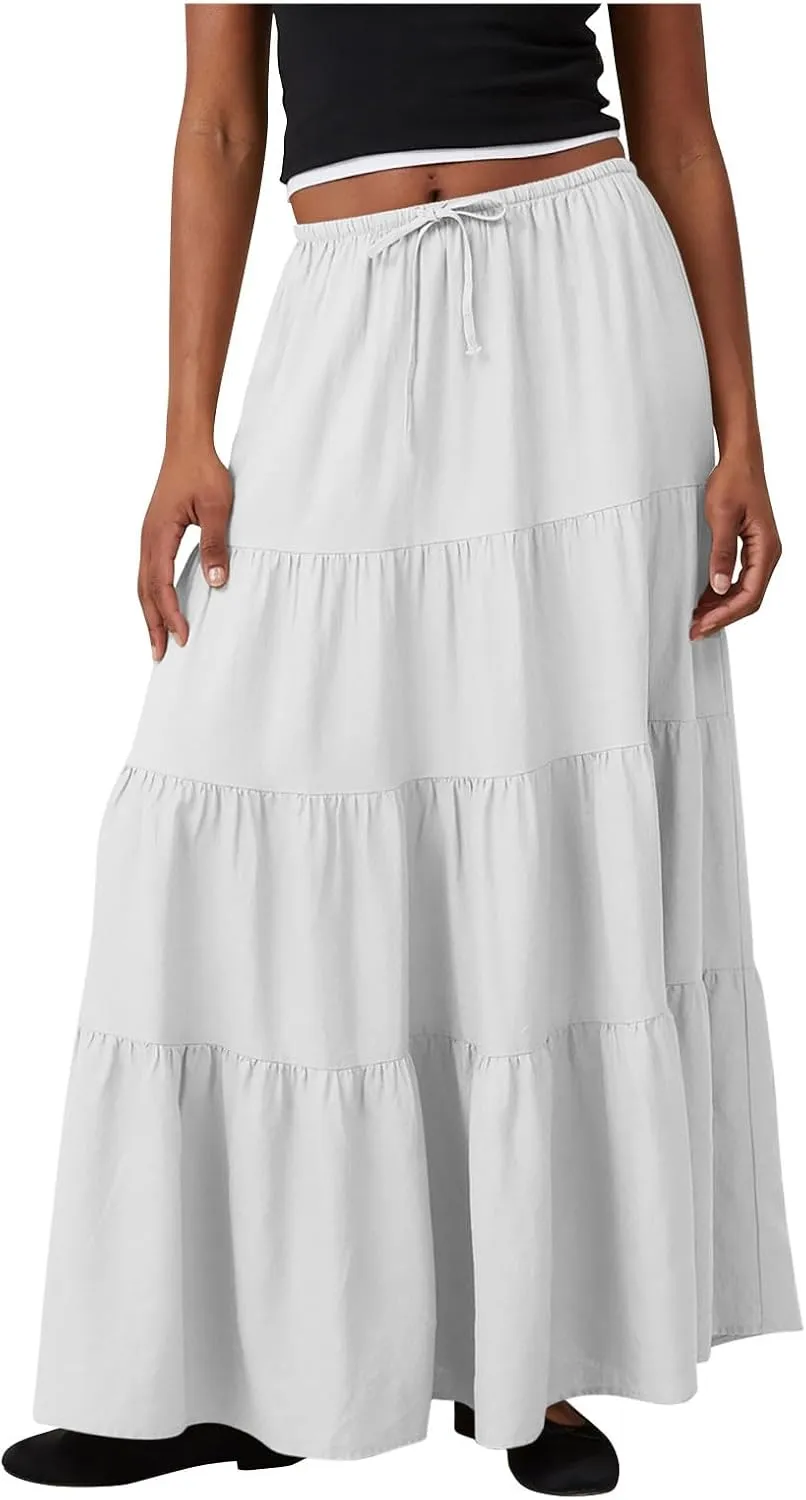 Women Casual Tiered Maxi Skirt Flowy Swing Pleated Beach Long Skirts Summer Elastic High Waisted A Line Mini Skirt