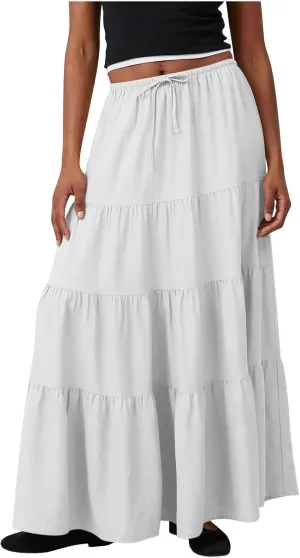 Women Casual Tiered Maxi Skirt Flowy Swing Pleated Beach Long Skirts Summer Elastic High Waisted A Line Mini Skirt