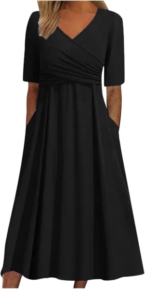Women Cocktail Wrap Wedding Guest Formal Dresses V Neck Half Sleeve Vintage Tea Length Midi Party Dress with Pockets