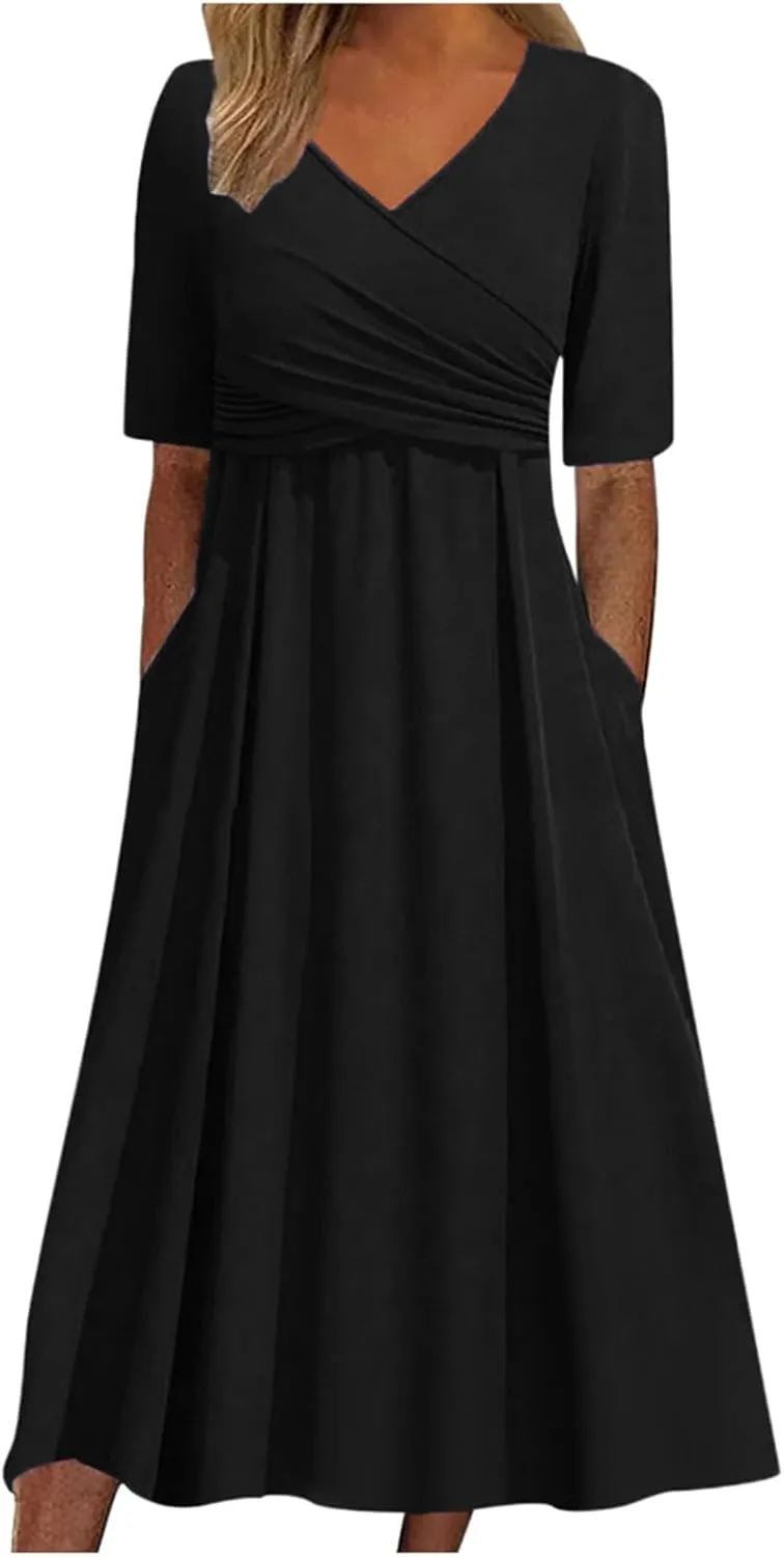 Women Cocktail Wrap Wedding Guest Formal Dresses V Neck Half Sleeve Vintage Tea Length Midi Party Dress with Pockets