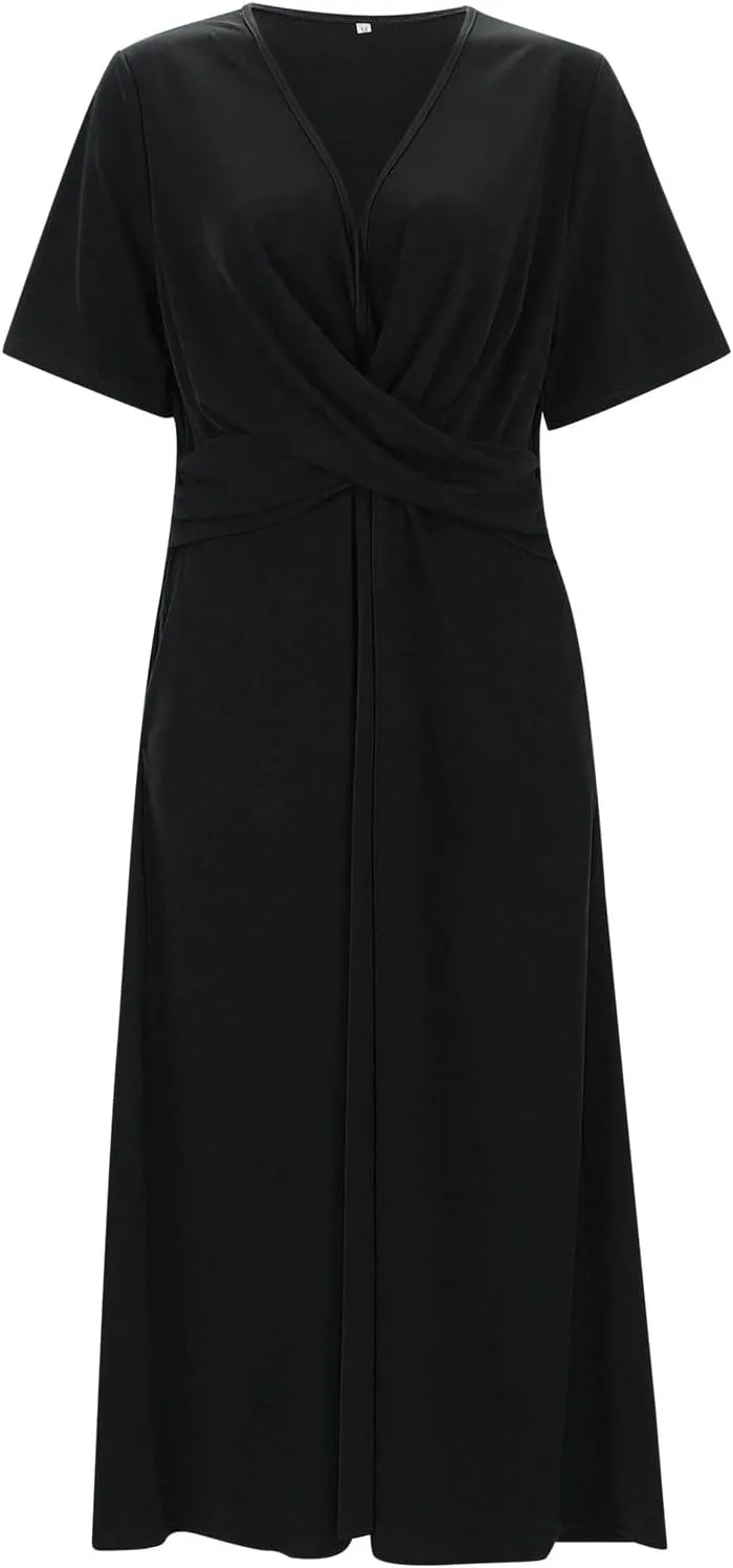 Women Cocktail Wrap Wedding Guest Formal Dresses V Neck Half Sleeve Vintage Tea Length Midi Party Dress with Pockets