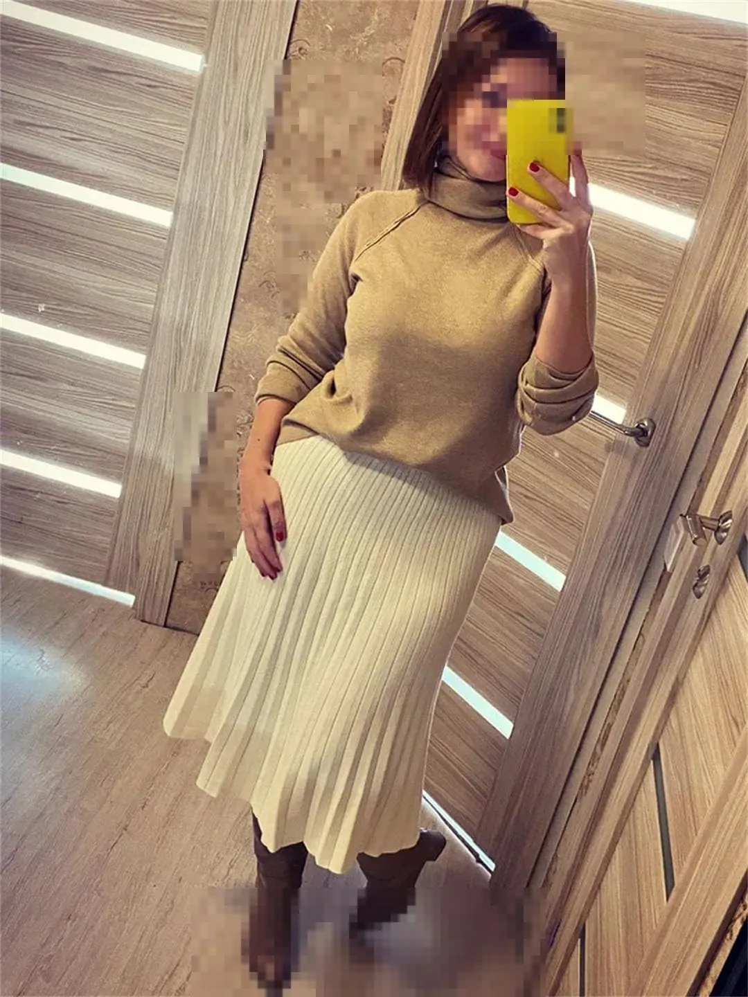 Women Fashion Autumn Winter Knitted Midi Long Pleated Skirt High Waist Skirt