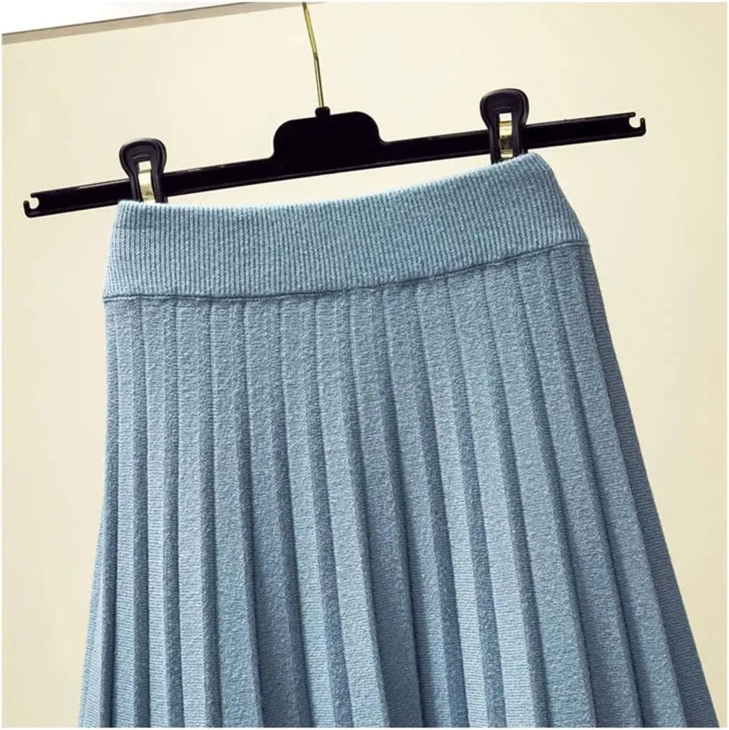 Women Fashion Autumn Winter Knitted Midi Long Pleated Skirt High Waist Skirt