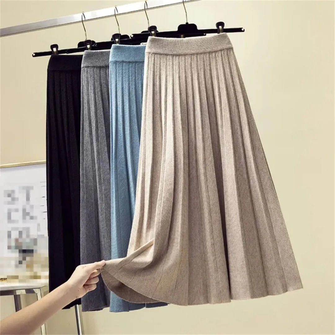 Women Fashion Autumn Winter Knitted Midi Long Pleated Skirt High Waist Skirt