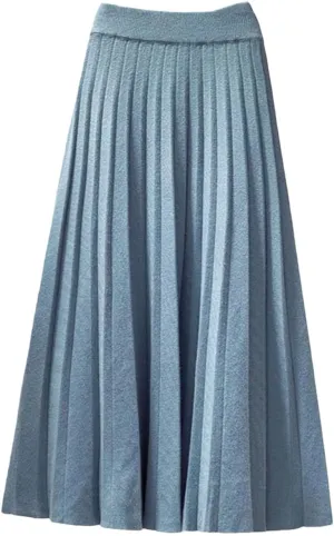 Women Fashion Autumn Winter Knitted Midi Long Pleated Skirt High Waist Skirt