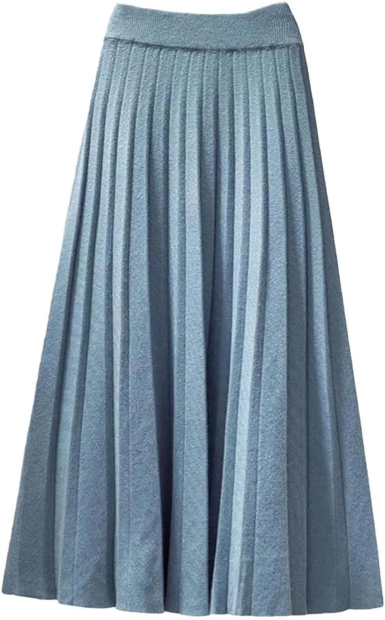 Women Fashion Autumn Winter Knitted Midi Long Pleated Skirt High Waist Skirt