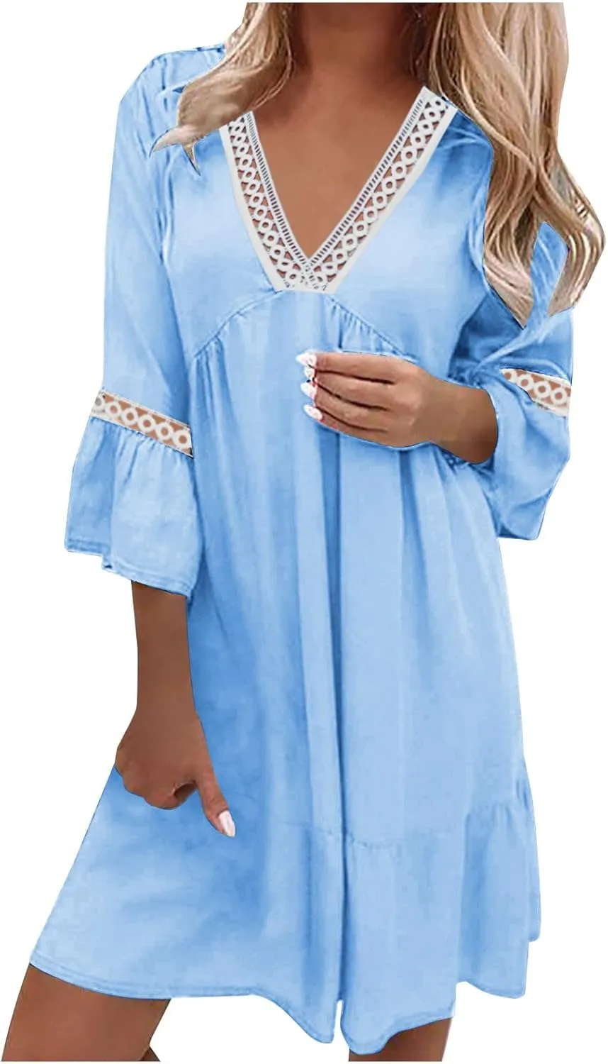 Women Floral Sleeve Ruffle Mini Dresses Sexy Lace Crochet V Neck Smocked Dress Summer Casual Pleated Swing Sundress