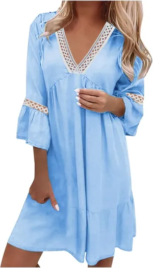 Women Floral Sleeve Ruffle Mini Dresses Sexy Lace Crochet V Neck Smocked Dress Summer Casual Pleated Swing Sundress