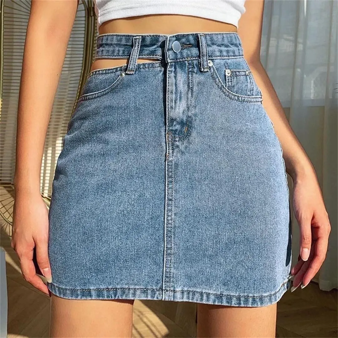 Women High Waist Skirt High Waisted Solid Slim Fit Casual Denim Half-Body Jean Skirts with Pockets