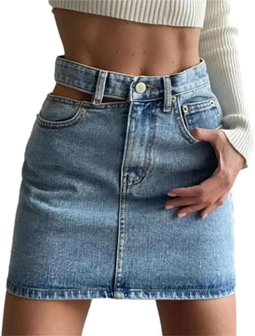Women High Waist Skirt High Waisted Solid Slim Fit Casual Denim Half-Body Jean Skirts with Pockets
