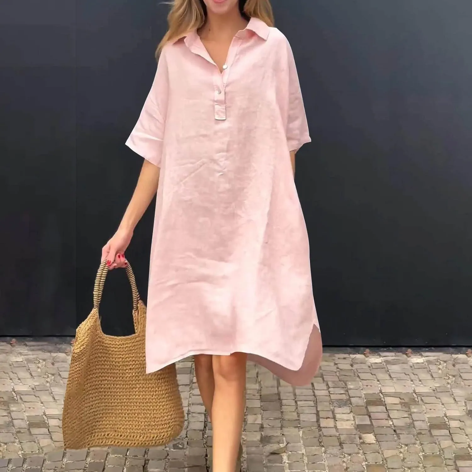 Women Plus Size Button Down Shirt Dresses with Pockets Summer Casual Loose 3/4 Sleeve Midi Dress Cover Up Sundress