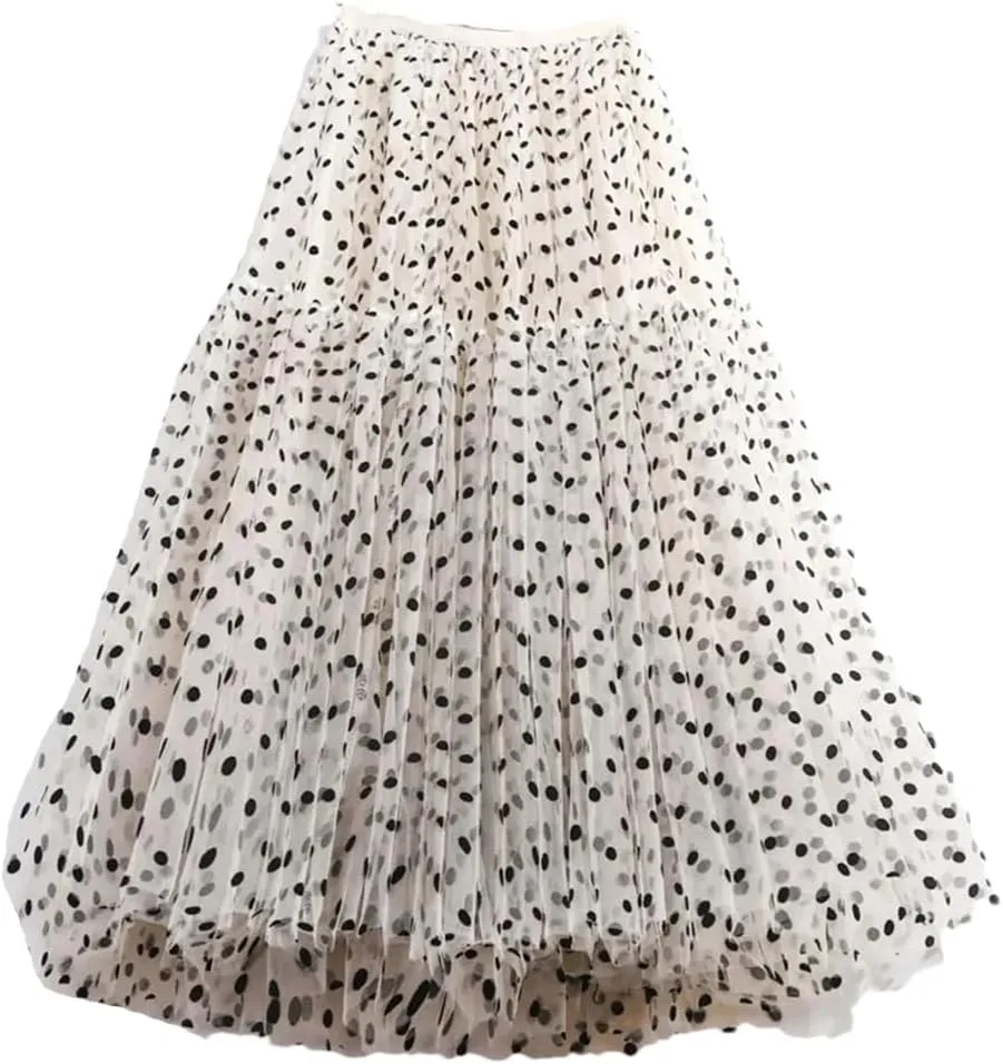 Women Polka Dot Tulle Skirts Mesh Elastic High Waist A-Line Skirt Party Beach Midi Pleated Skirt
