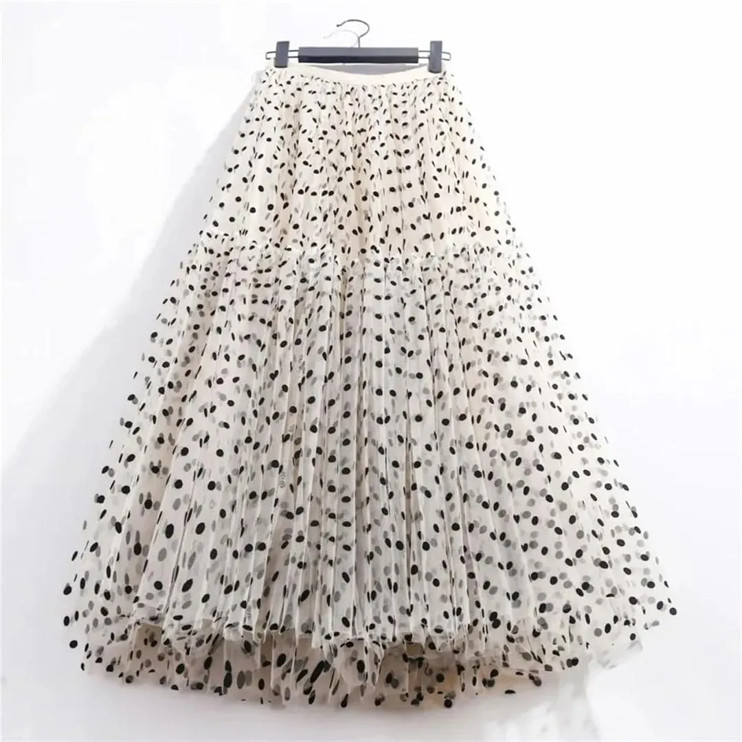 Women Polka Dot Tulle Skirts Mesh Elastic High Waist A-Line Skirt Party Beach Midi Pleated Skirt