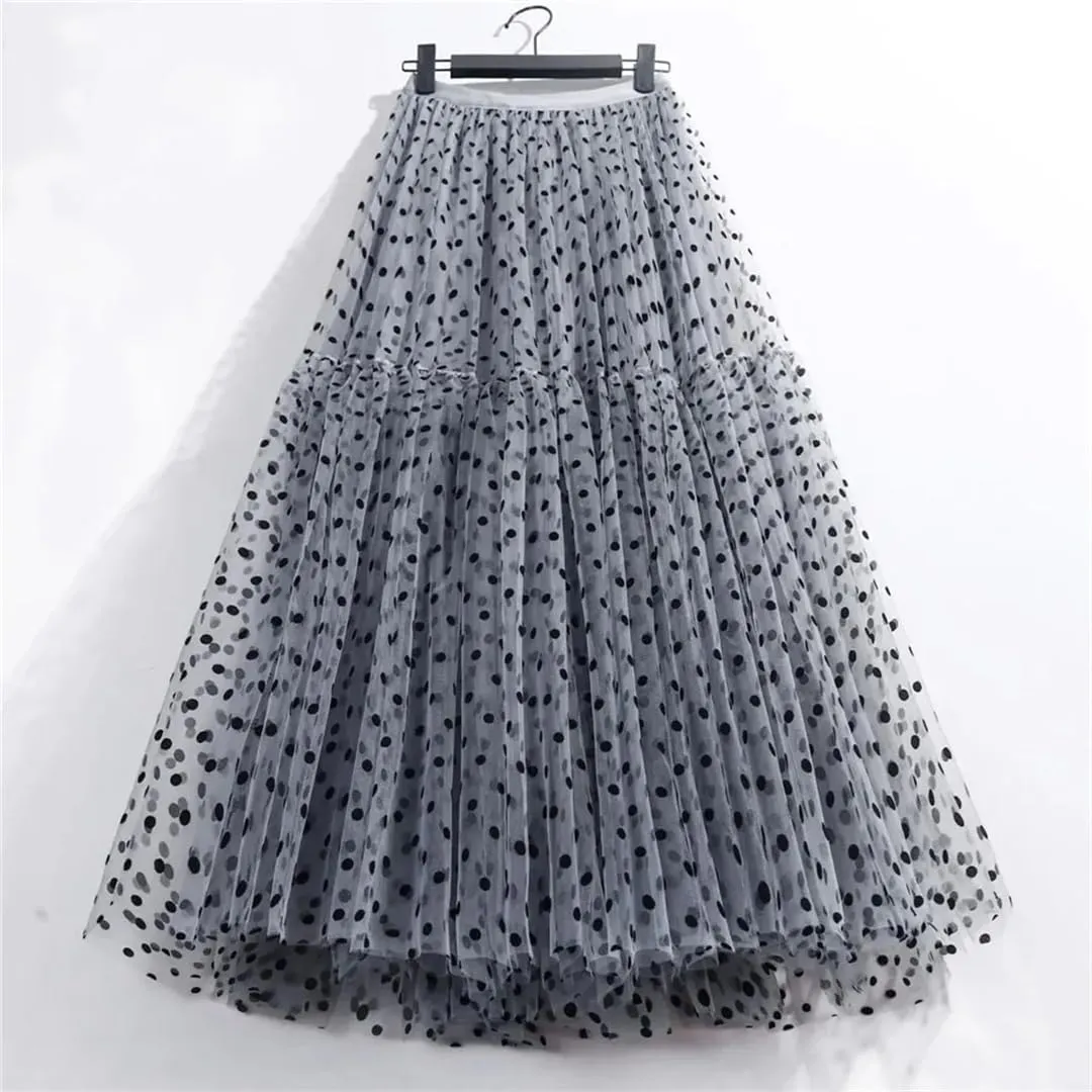 Women Polka Dot Tulle Skirts Mesh Elastic High Waist A-Line Skirt Party Beach Midi Pleated Skirt