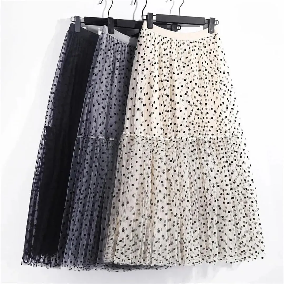 Women Polka Dot Tulle Skirts Mesh Elastic High Waist A-Line Skirt Party Beach Midi Pleated Skirt