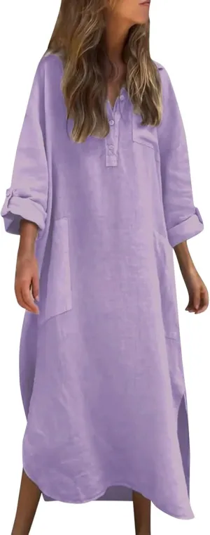 Women Rolled-Up 3/4 Sleeve Maxi Dress Summer Cotton Linen Casual Henley Shirt Dresses Curved Hem Flowy Beach Dress