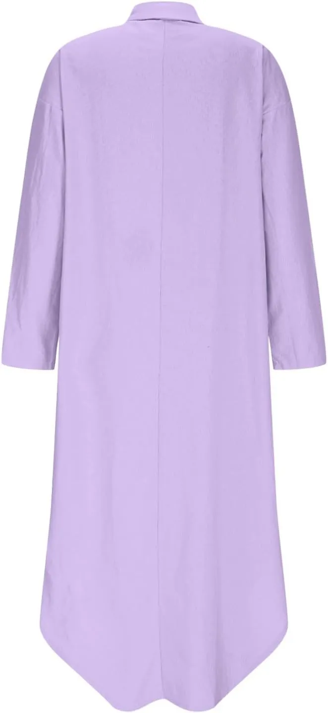 Women Rolled-Up 3/4 Sleeve Maxi Dress Summer Cotton Linen Casual Henley Shirt Dresses Curved Hem Flowy Beach Dress