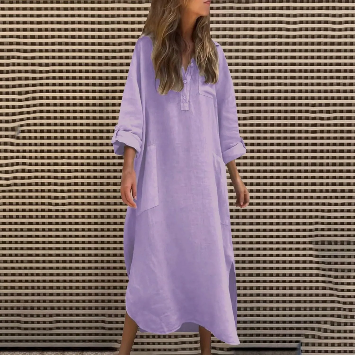 Women Rolled-Up 3/4 Sleeve Maxi Dress Summer Cotton Linen Casual Henley Shirt Dresses Curved Hem Flowy Beach Dress