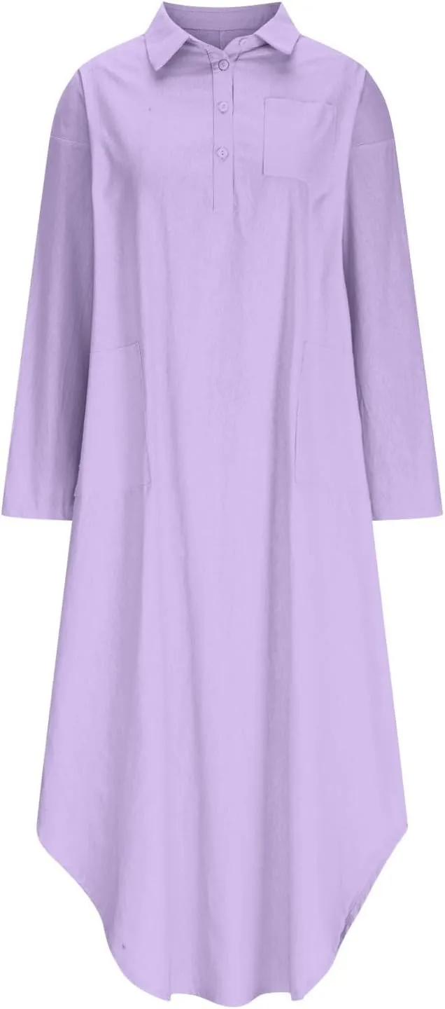 Women Rolled-Up 3/4 Sleeve Maxi Dress Summer Cotton Linen Casual Henley Shirt Dresses Curved Hem Flowy Beach Dress