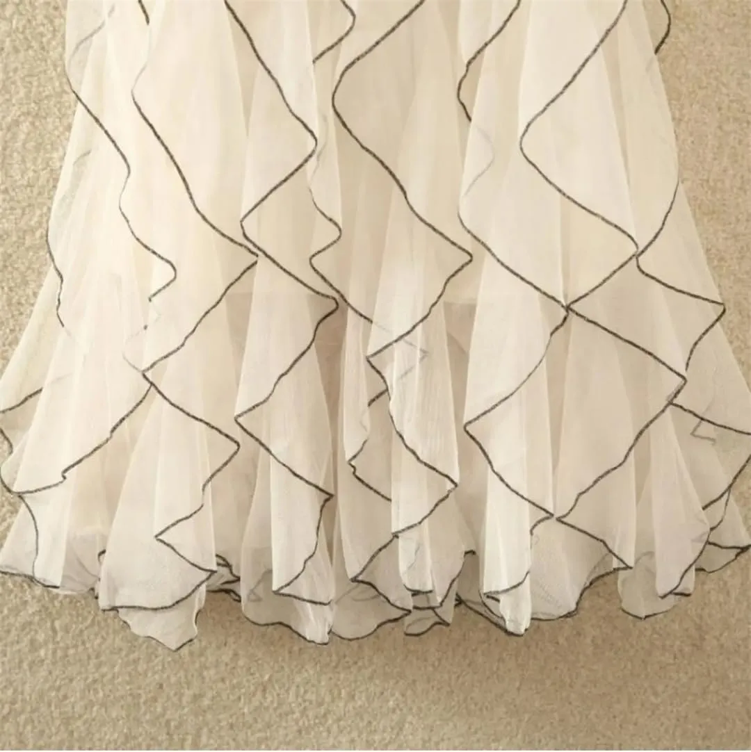 Women Solid Irregular Long Elastic High Waist Mesh Skirts Ruffles Midi Long Pleated Tutu Skirt