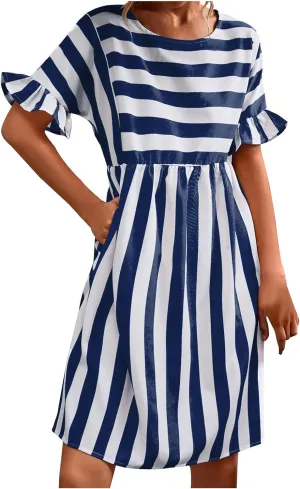 Women Striped Patchwork Mini Dresses Ruffle Short Sleeve Crew Neck Summer Short Dress Casual Beach Sundress