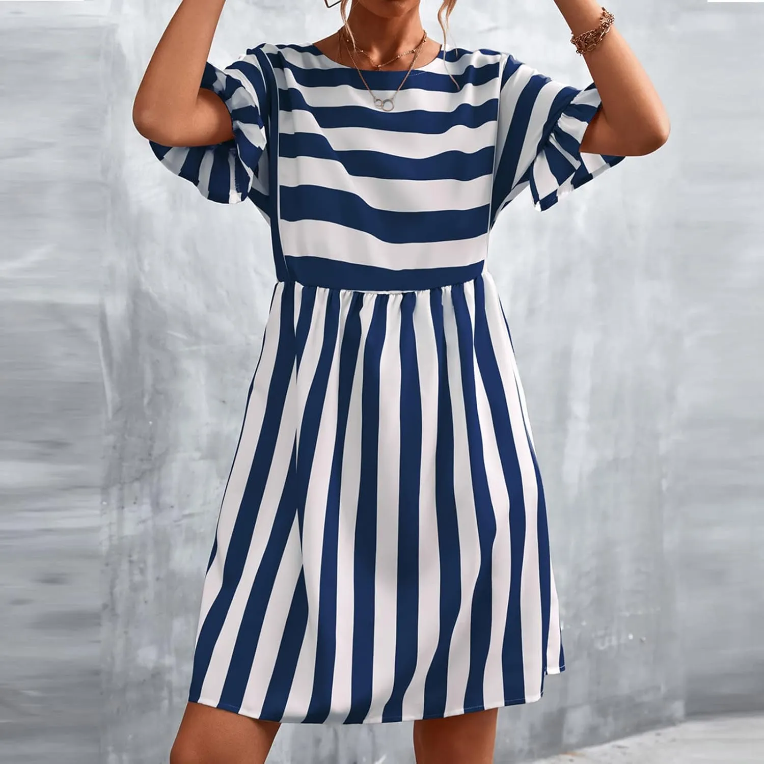 Women Striped Patchwork Mini Dresses Ruffle Short Sleeve Crew Neck Summer Short Dress Casual Beach Sundress