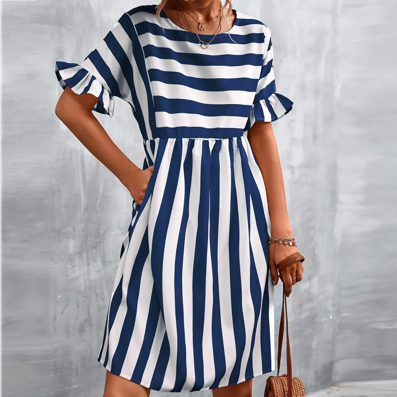 Women Striped Patchwork Mini Dresses Ruffle Short Sleeve Crew Neck Summer Short Dress Casual Beach Sundress
