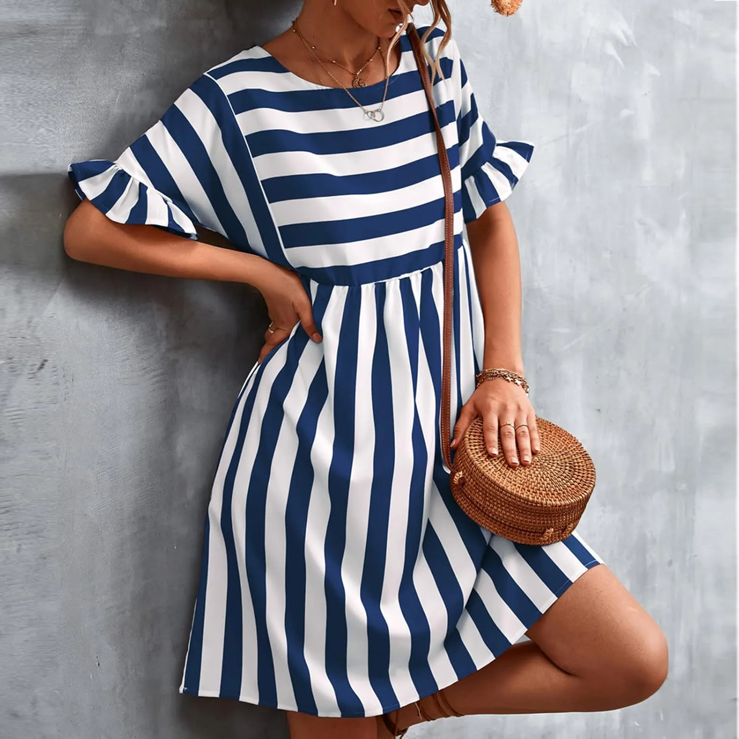 Women Striped Patchwork Mini Dresses Ruffle Short Sleeve Crew Neck Summer Short Dress Casual Beach Sundress