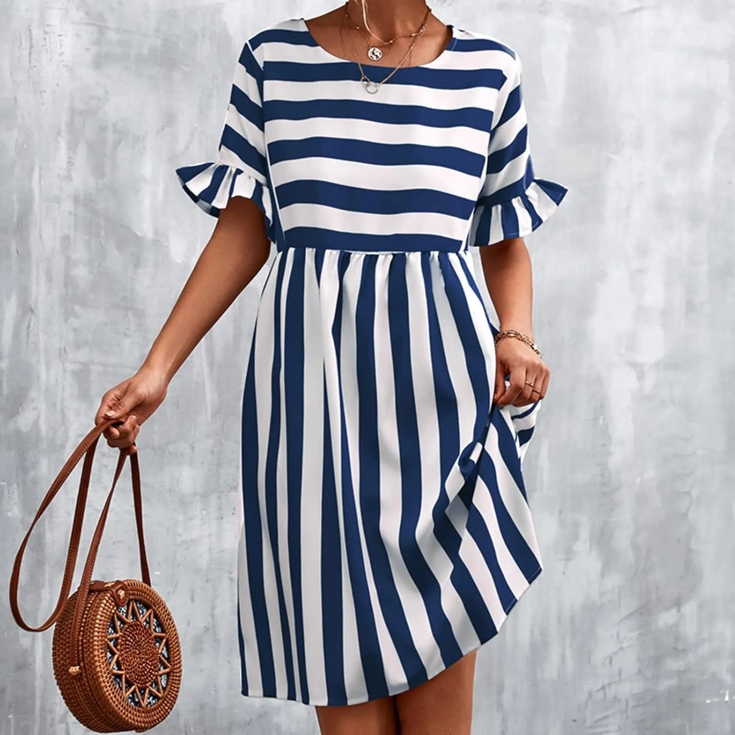 Women Striped Patchwork Mini Dresses Ruffle Short Sleeve Crew Neck Summer Short Dress Casual Beach Sundress