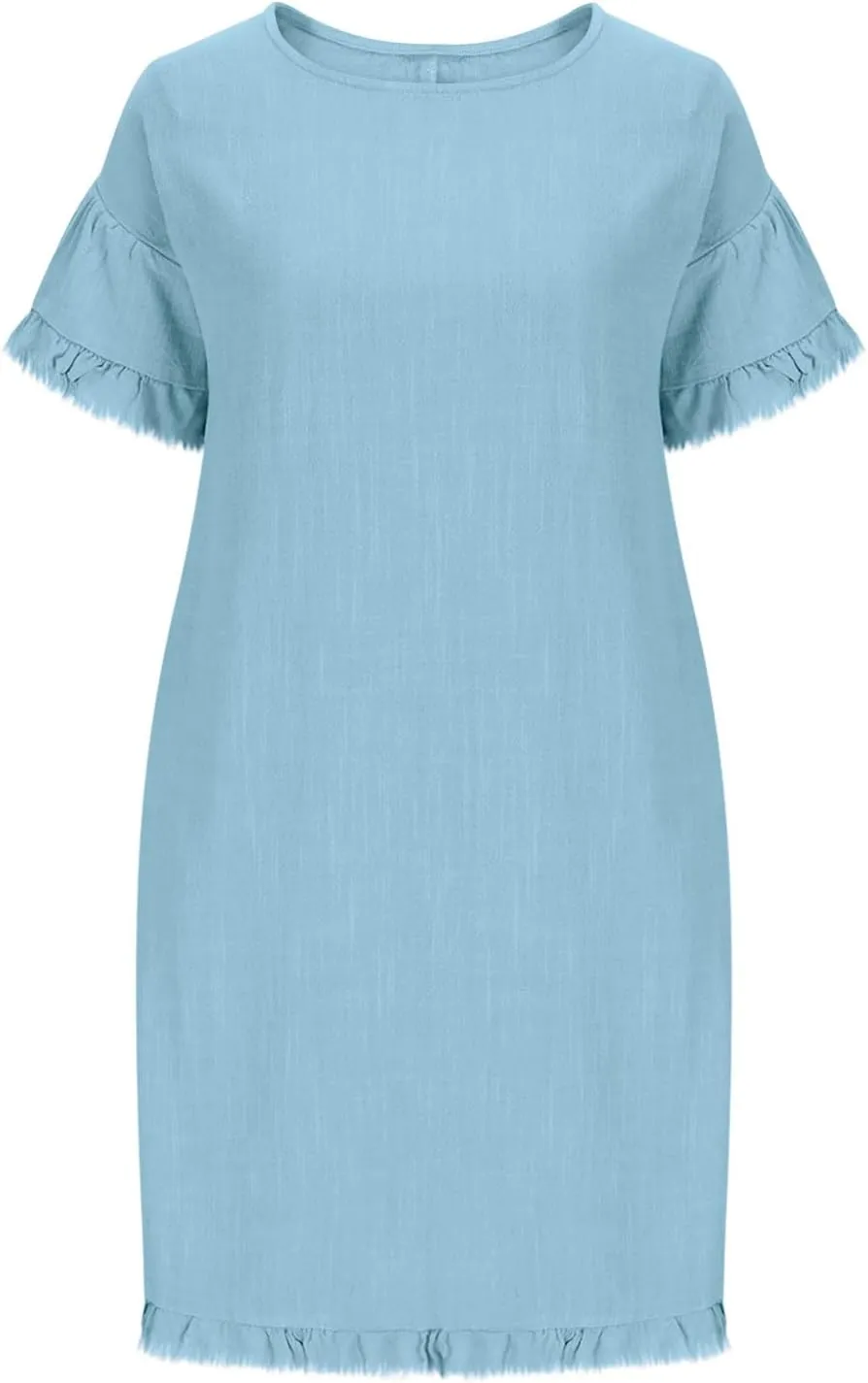 Women Summer Dress Plus Size Round Neck Ruffle Short Sleeve Modest Frayed Dresses Casual Fashion Loose Mini Dress