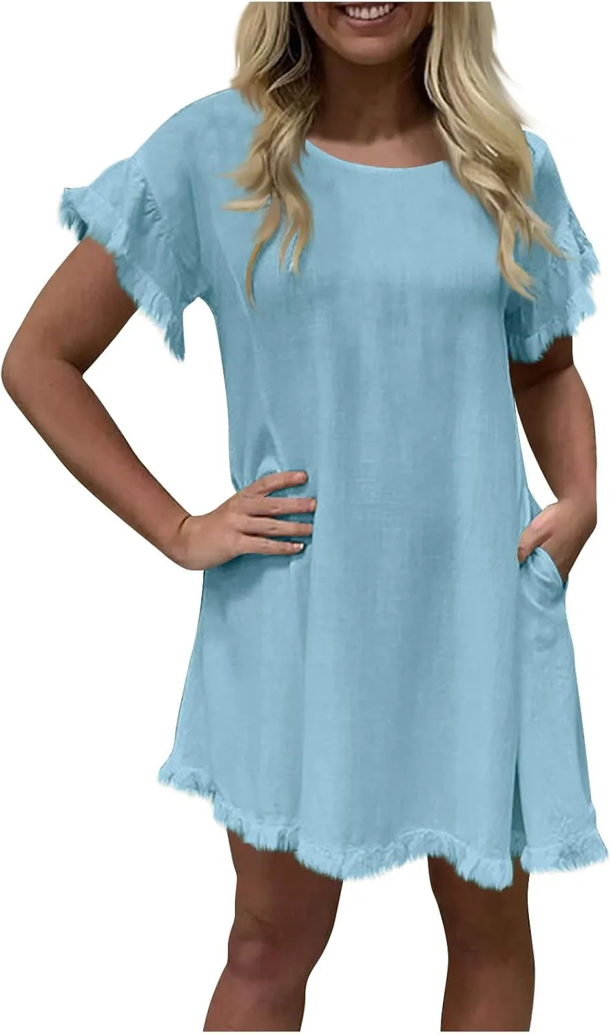 Women Summer Dress Plus Size Round Neck Ruffle Short Sleeve Modest Frayed Dresses Casual Fashion Loose Mini Dress
