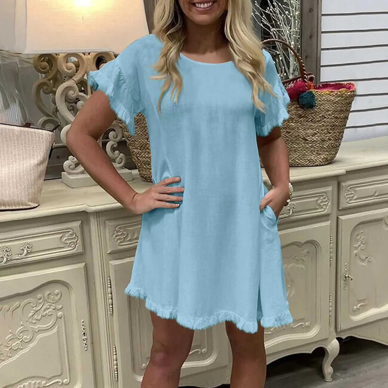 Women Summer Dress Plus Size Round Neck Ruffle Short Sleeve Modest Frayed Dresses Casual Fashion Loose Mini Dress