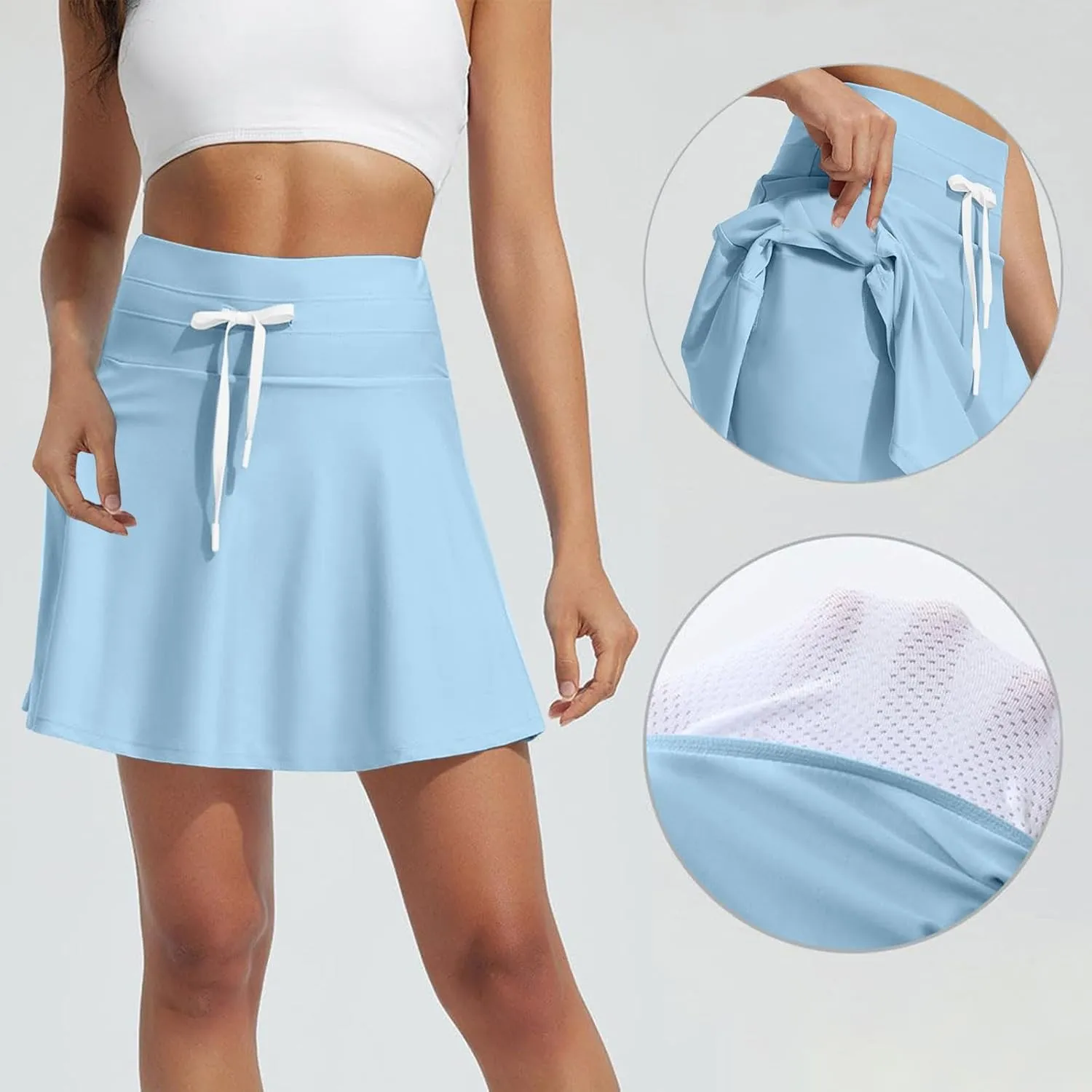 Women Swim Skirt Tummy Control Drawstring Skirts High Waist Skirts Quick Dry Swimsuit Bottoms with Zipper Pockets