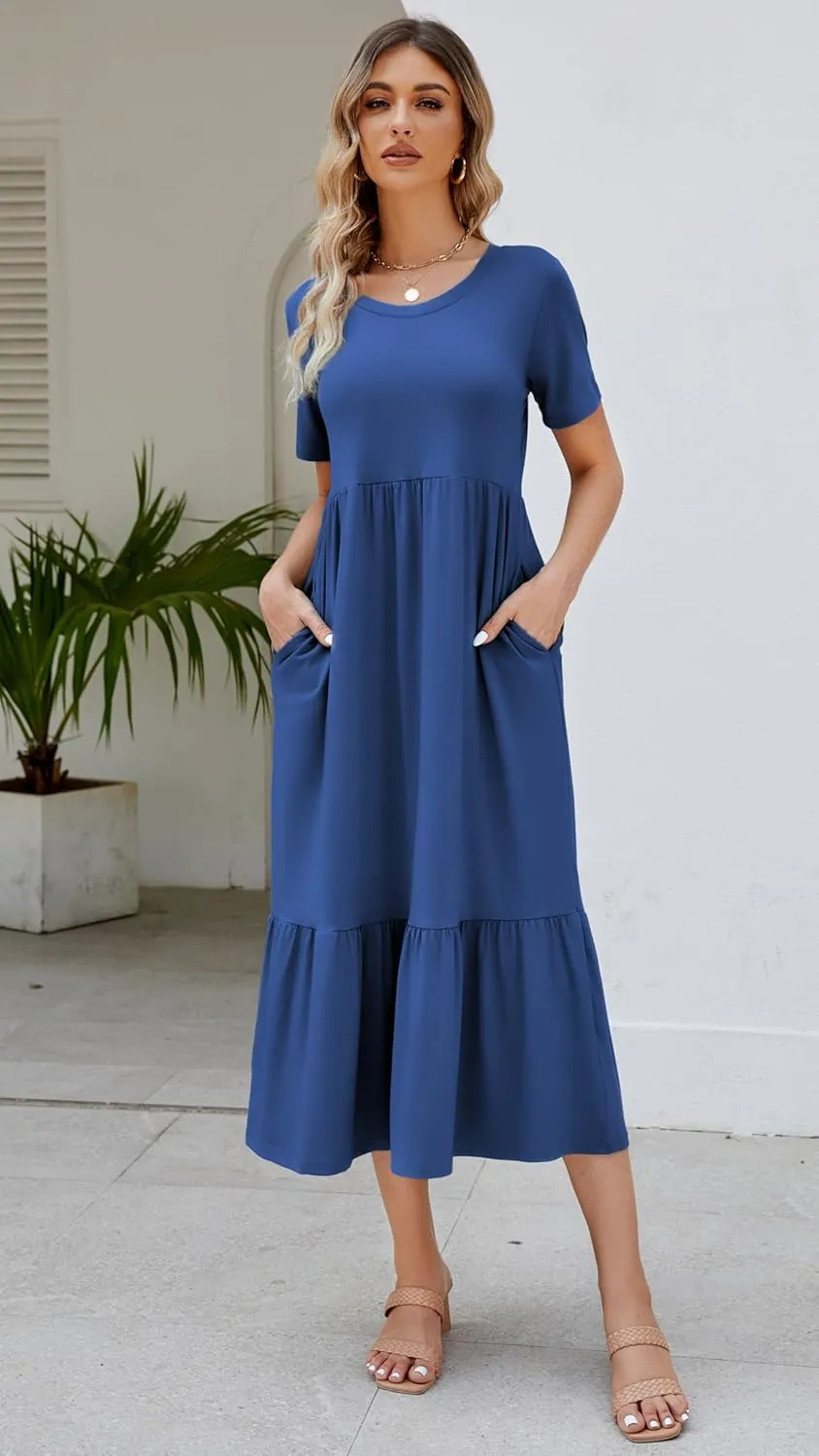 Women's 2025 Summer Short Sleeve Crew Neck Swing Dress Flowy Tiered Maxi Beach Sundress with Pockets
