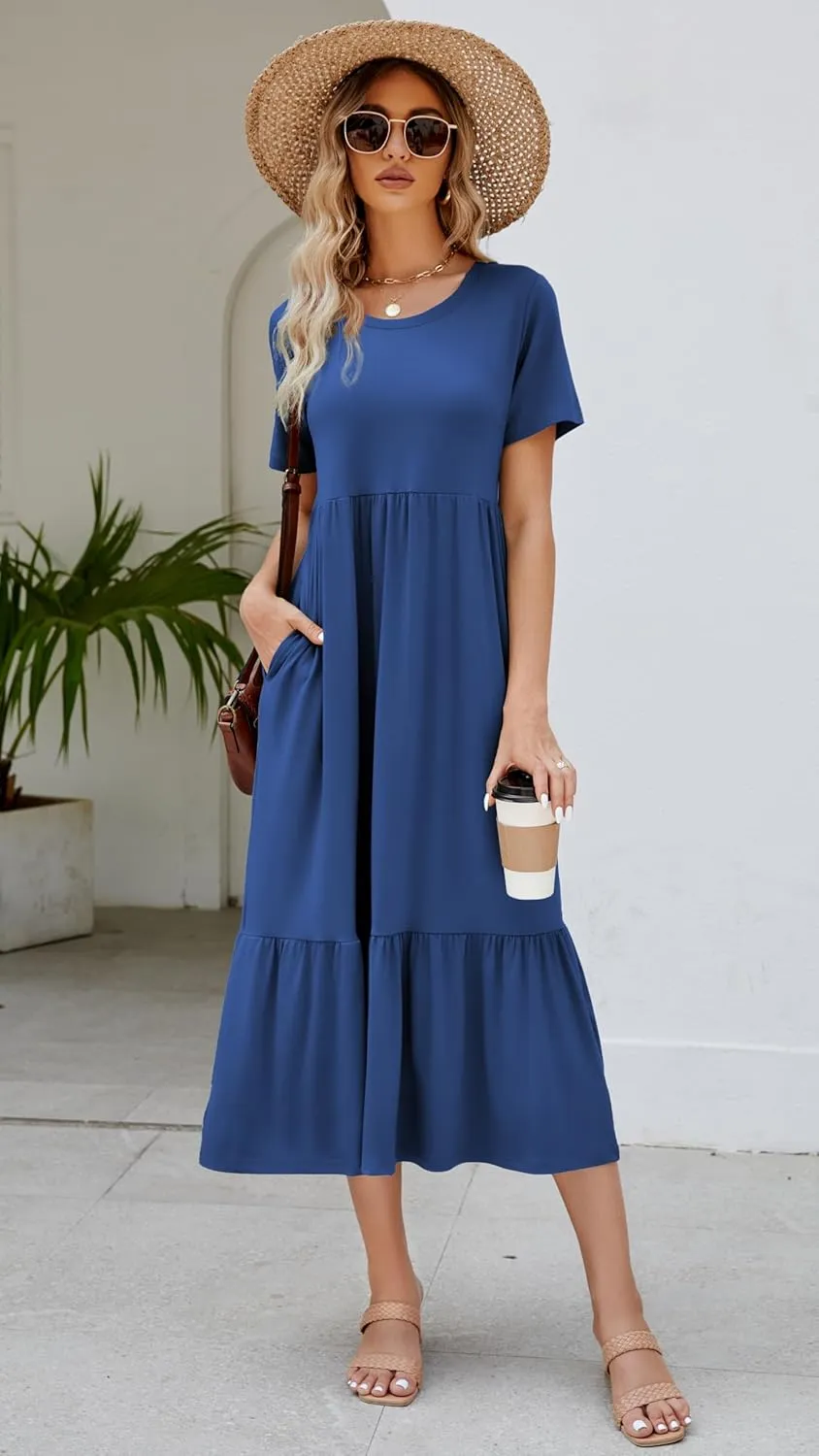 Women's 2025 Summer Short Sleeve Crew Neck Swing Dress Flowy Tiered Maxi Beach Sundress with Pockets