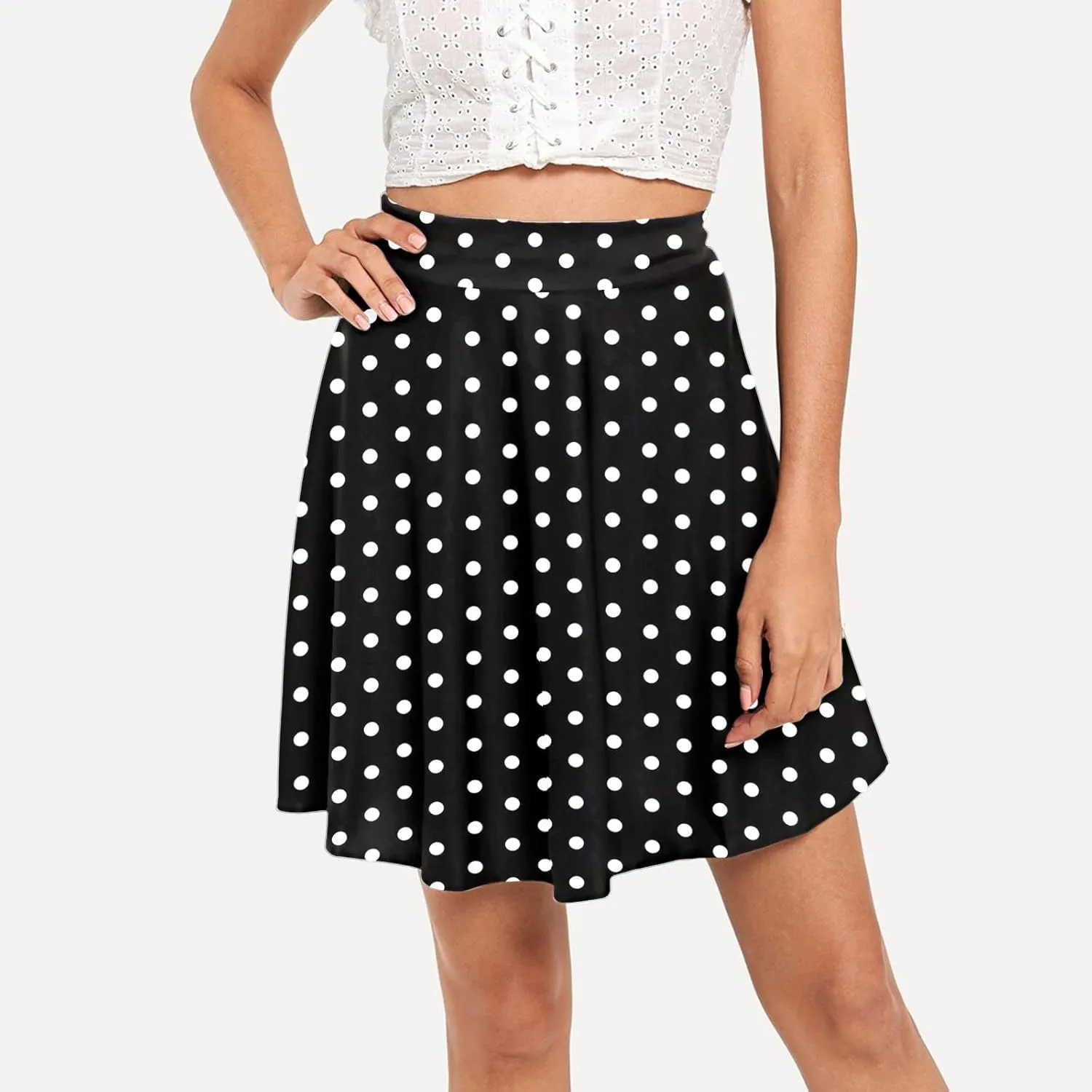 Womens A Line Midi Skirt Flared High Waist Skirts Polka Dot Pleated Ruffle Hem Vintage Mini Skirt for Women Dress