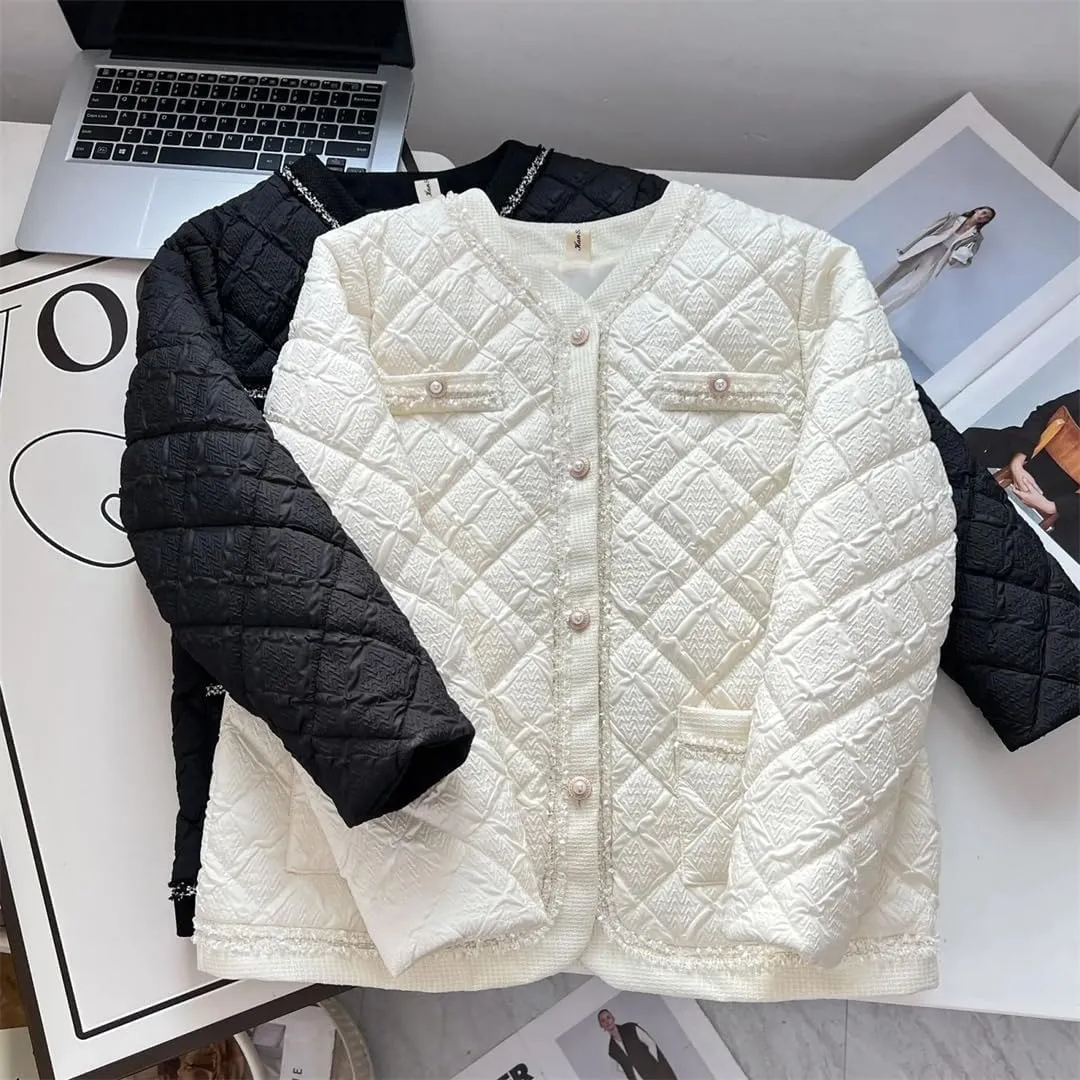 Women's Autumn Winter Argyle Thin Cotton-Padded Parka Coat