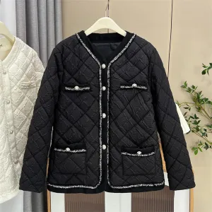 Women's Autumn Winter Argyle Thin Cotton-Padded Parka Coat