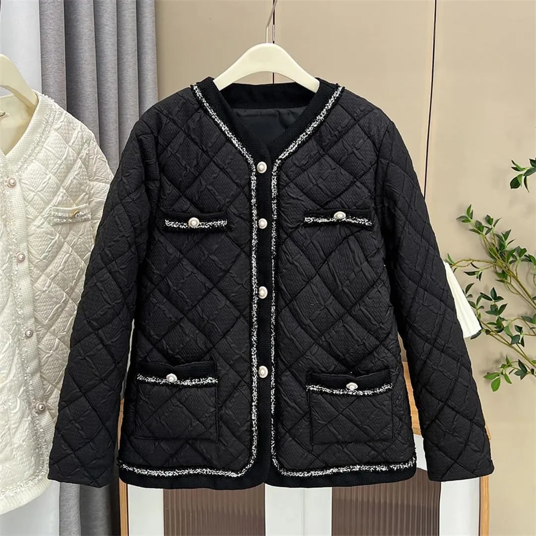 Women's Autumn Winter Argyle Thin Cotton-Padded Parka Coat