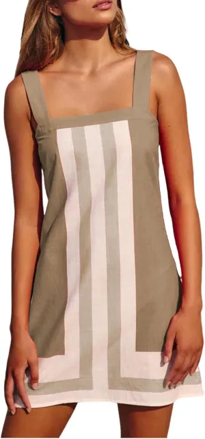 Womens Boho Mini Dress Summer Floral Square Neck Strap Sleeveless Dresses Casual Color Block Vacation Short Sundress