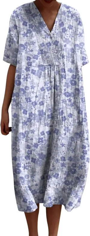Women's Boho Summer Dresses with Pockets Vintage Art Floral Printed Midi Dress V Neck Plus Size Loose Casual Dresses