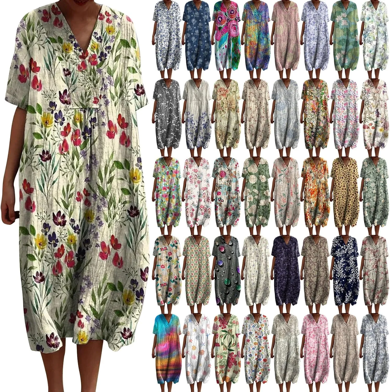 Women's Boho Summer Dresses with Pockets Vintage Art Floral Printed Midi Dress V Neck Plus Size Loose Casual Dresses