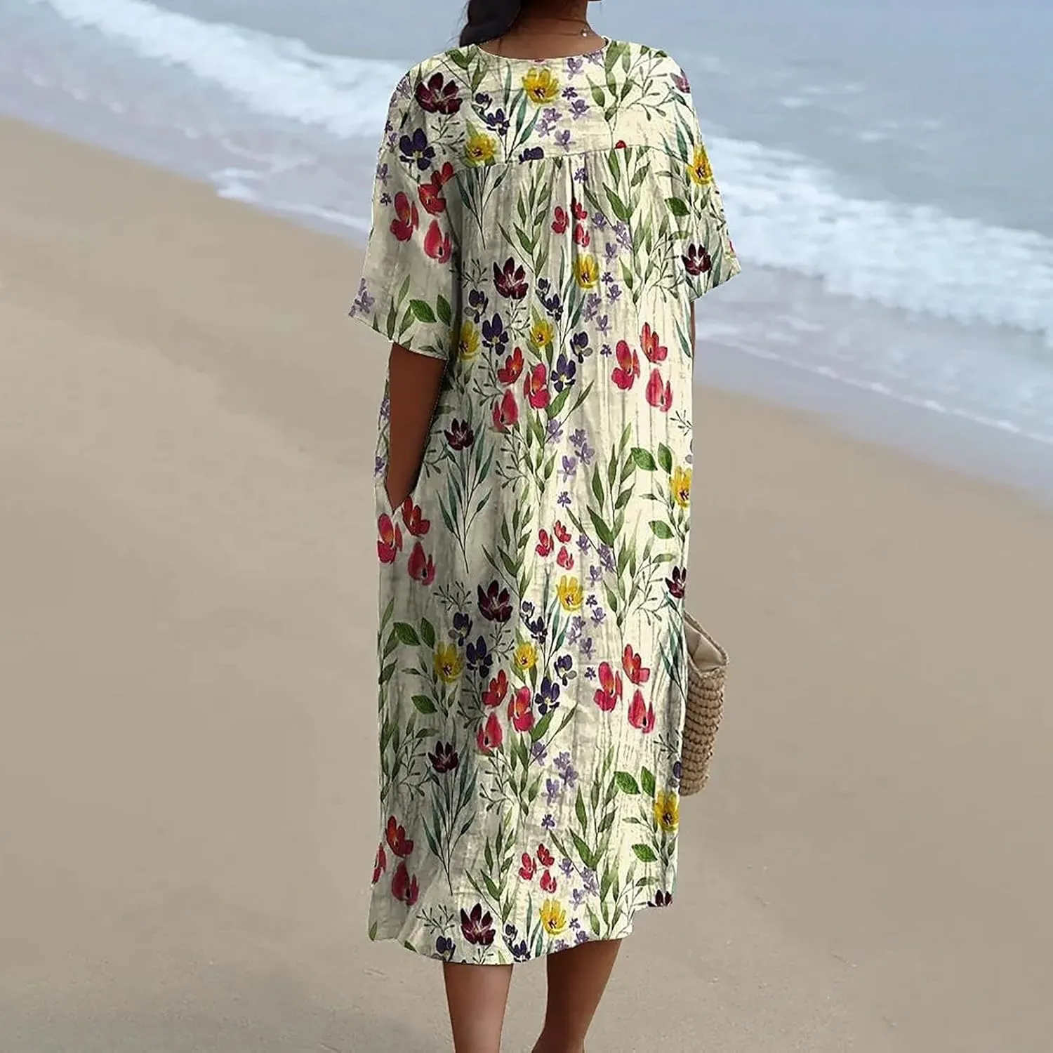 Women's Boho Summer Dresses with Pockets Vintage Art Floral Printed Midi Dress V Neck Plus Size Loose Casual Dresses