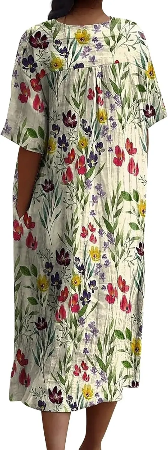 Women's Boho Summer Dresses with Pockets Vintage Art Floral Printed Midi Dress V Neck Plus Size Loose Casual Dresses