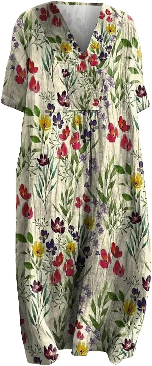 Women's Boho Summer Dresses with Pockets Vintage Art Floral Printed Midi Dress V Neck Plus Size Loose Casual Dresses