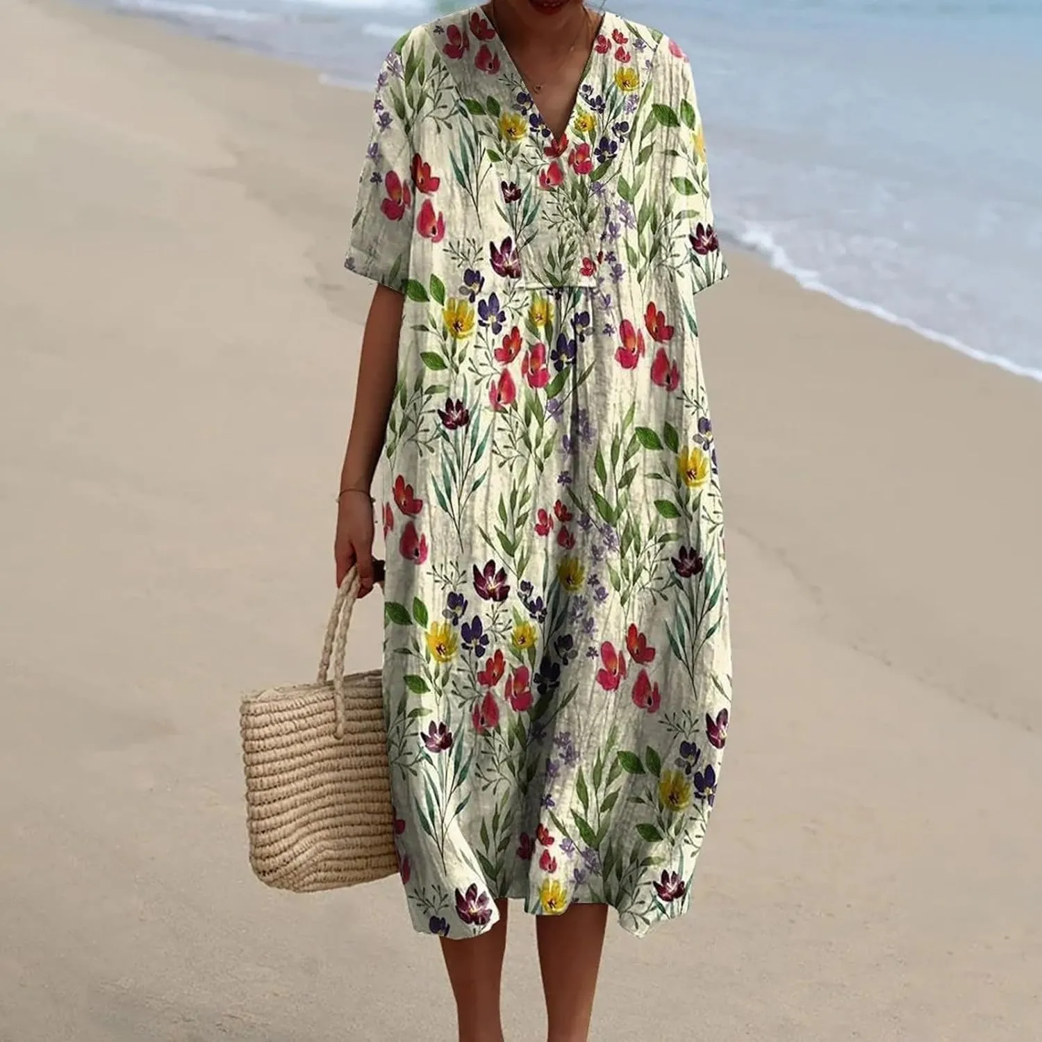 Women's Boho Summer Dresses with Pockets Vintage Art Floral Printed Midi Dress V Neck Plus Size Loose Casual Dresses