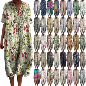 Women's Boho Summer Dresses with Pockets Vintage Art Floral Printed Midi Dress V Neck Plus Size Loose Casual Dresses