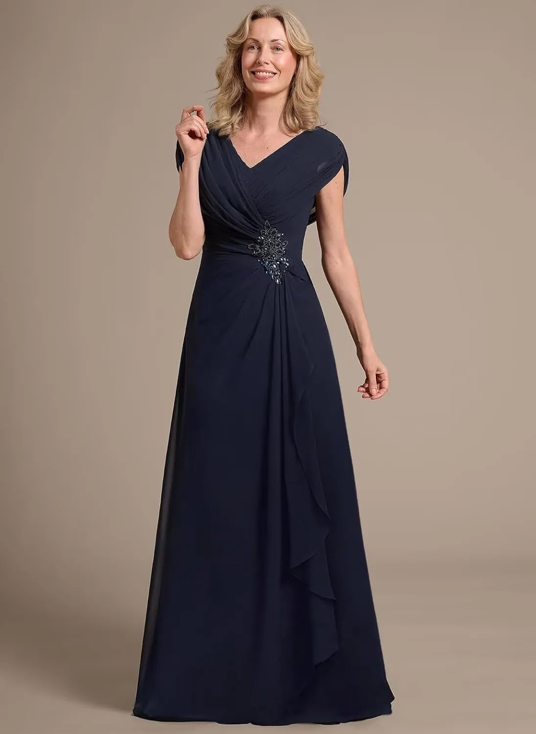 Women's Cap Sleeves Ruched Mother of The Bride Dresses 2025 Long Chiffon Formal Evening Dress DE269