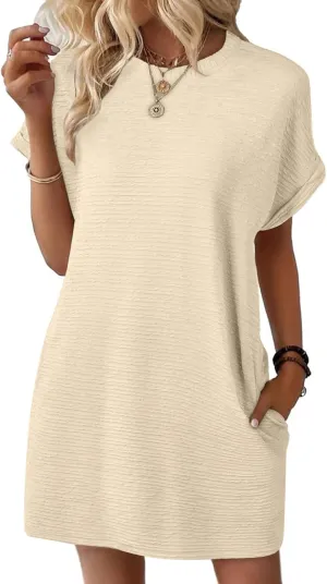 Womens Casual Dresses Trendy Fold Short Sleeve Round Neck Mini Dress Textured Summer Beach Vacation Dress with Pockets